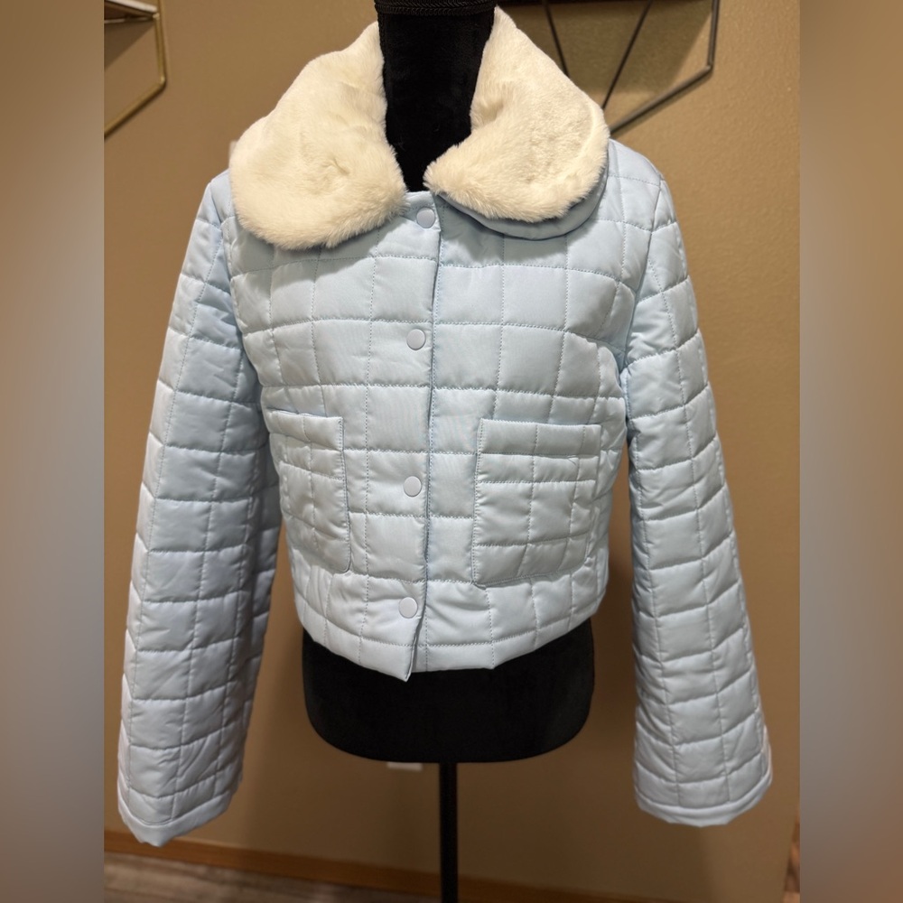 Sugar Thrillz Light Blue Puffer Jacket with Faux Fur Collar